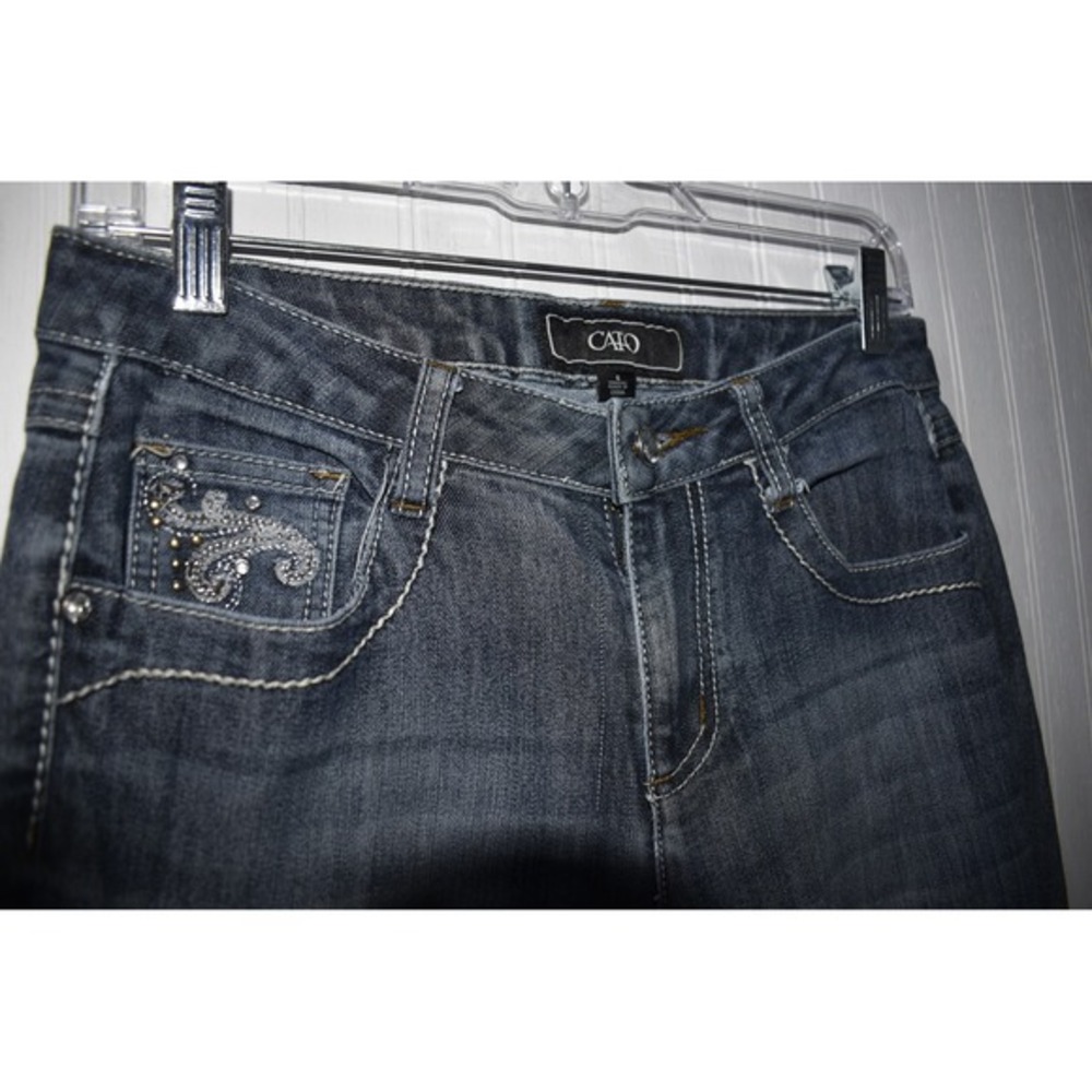Denim Bootcut Jeans Embellished Pockets Ripped Distressed Dark Wash Size 6 - Picture 3 of 6